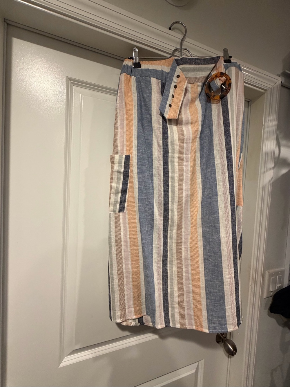 Striped Midi Skirt with Belt Accent in Blue, Tan & White